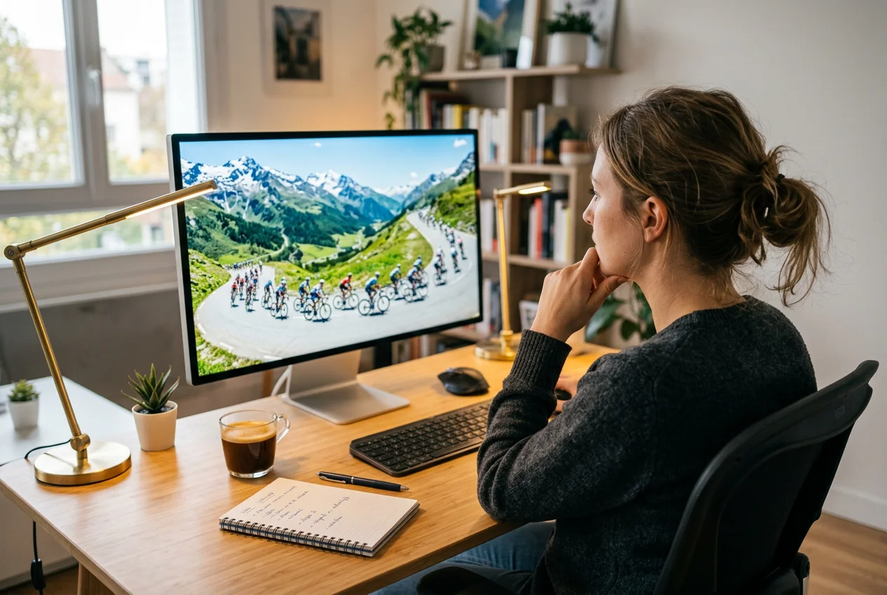 Personne analysant une course cycliste sur ordinateur dans un bureau moderne avec carnet de notes