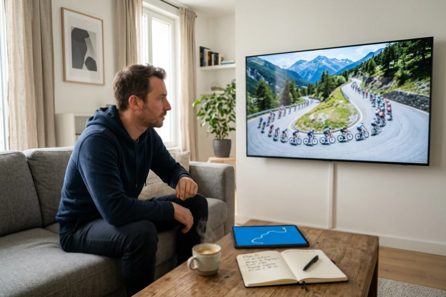 Passionné de cyclisme analysant le Tour de France sur grand écran avec tablette et notes