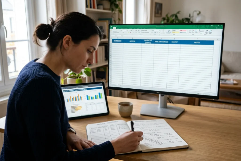 Personne effectuant une analyse comparative méthodique avec notes et plusieurs sources d'information