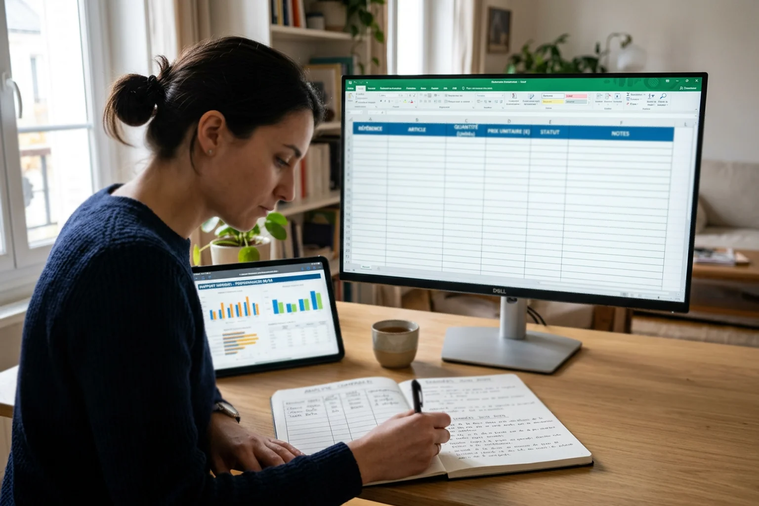 Personne effectuant une analyse comparative méthodique avec notes et plusieurs sources d'information