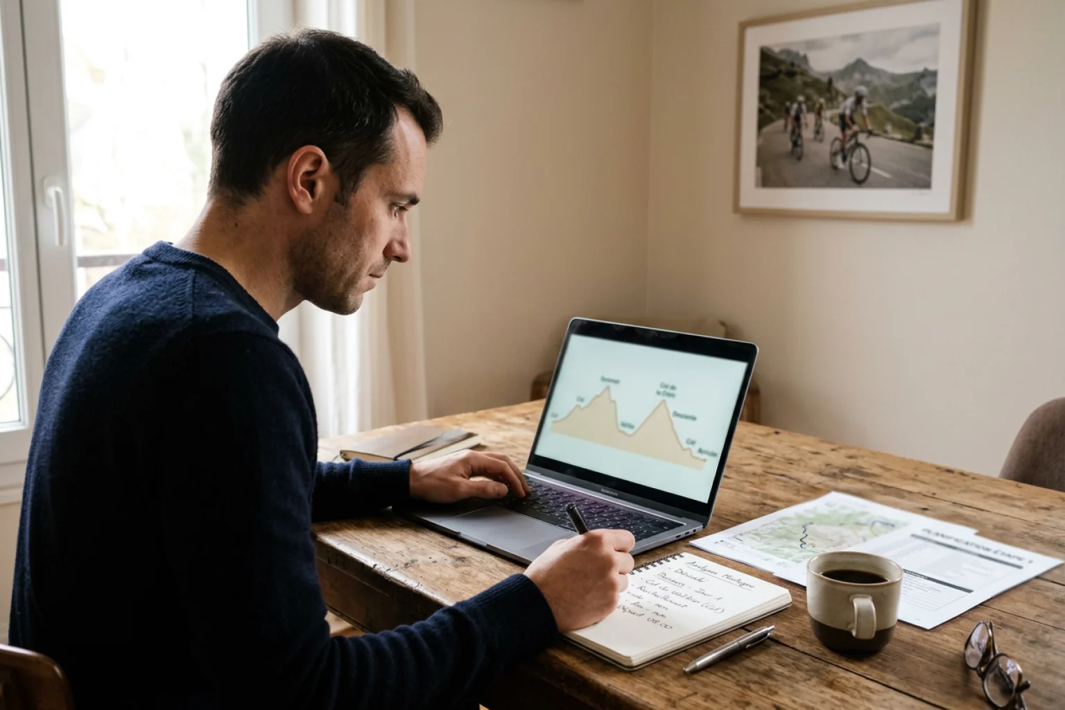 Passionné de cyclisme étudiant les informations sur les classiques avec notes et documents