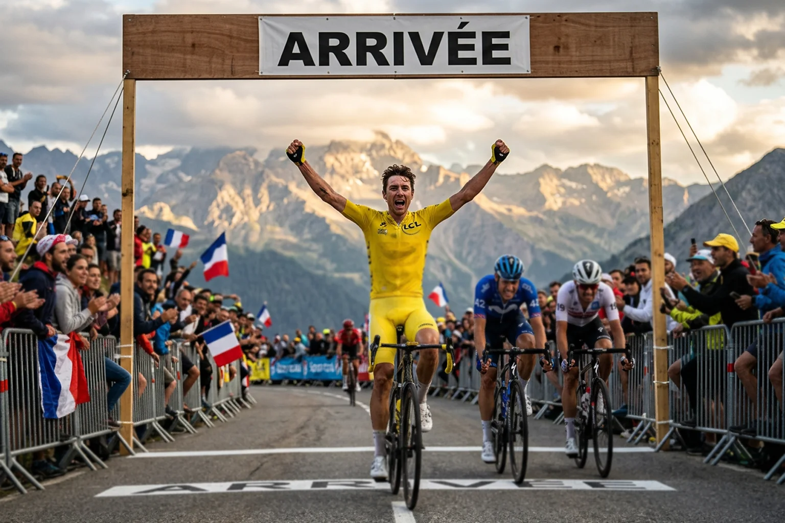 Cycliste franchissant la ligne d'arrivée au sommet d'un col alpin bras levés en victoire
