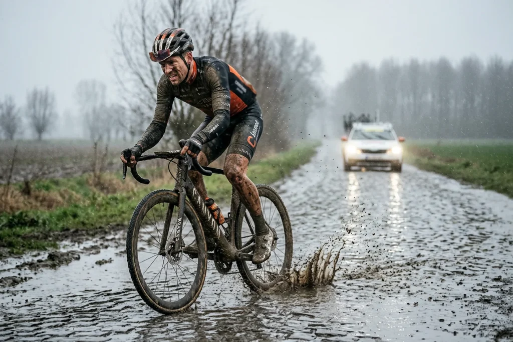 Cycliste solitaire couvert de boue luttant sur les pavés détrempés de Paris-Roubaix