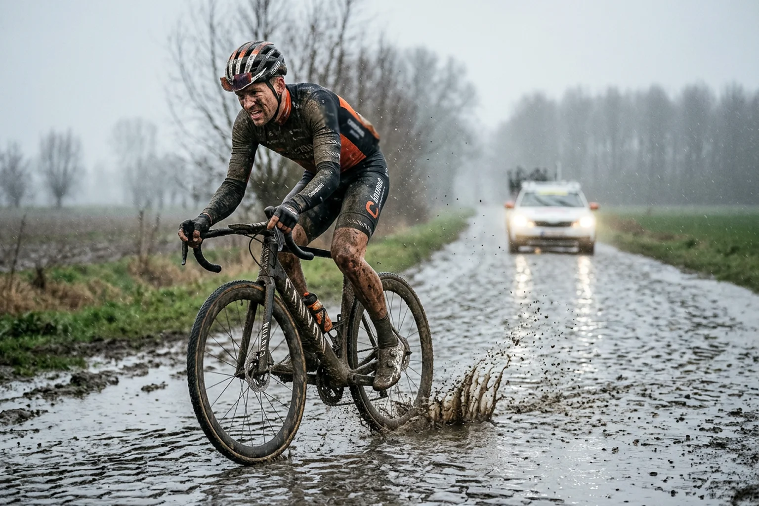 Cycliste solitaire couvert de boue luttant sur les pavés détrempés de Paris-Roubaix