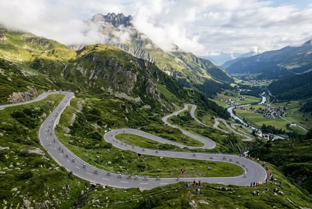 Vue aérienne d'un col alpin du Tour de France avec ses lacets légendaires et cyclistes en ascension
