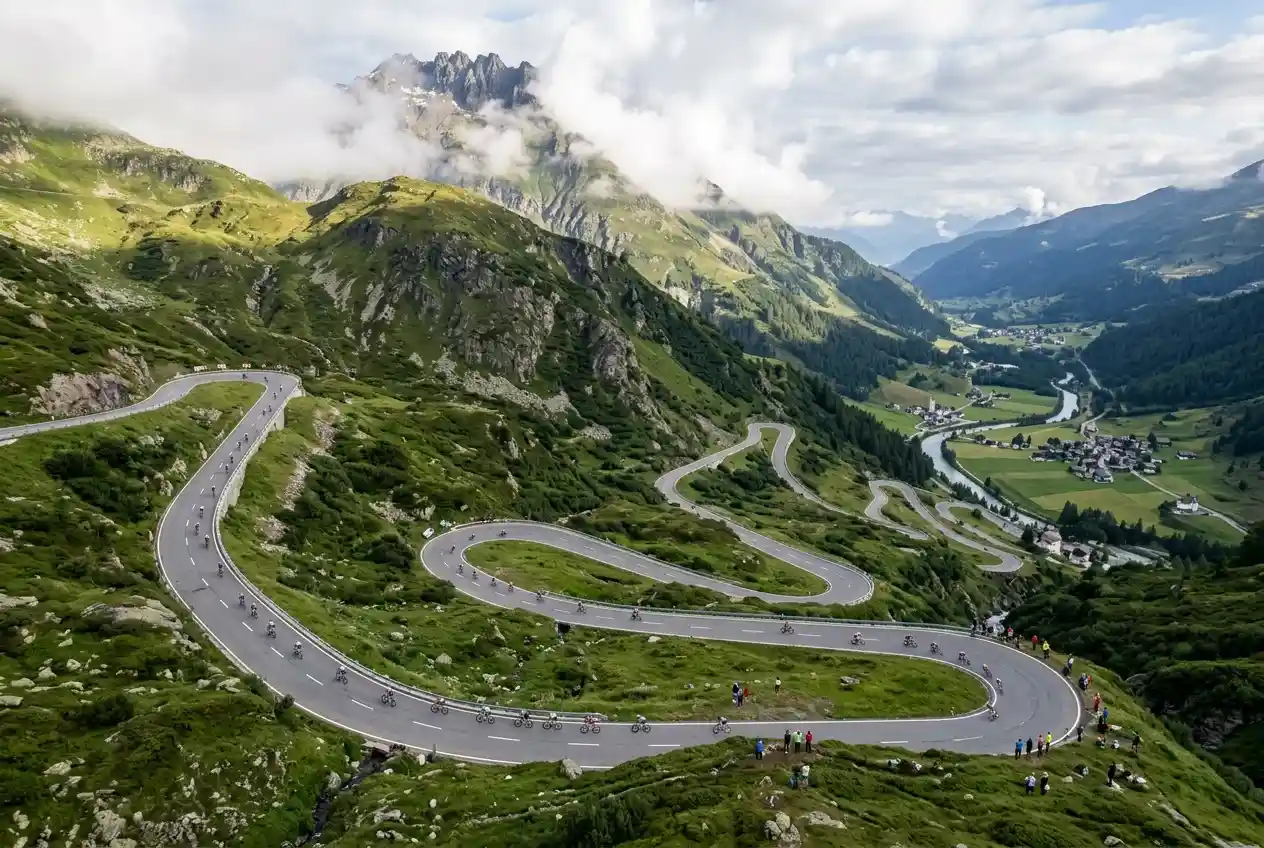 Vue aérienne d'un col alpin du Tour de France avec ses lacets légendaires et cyclistes en ascension
