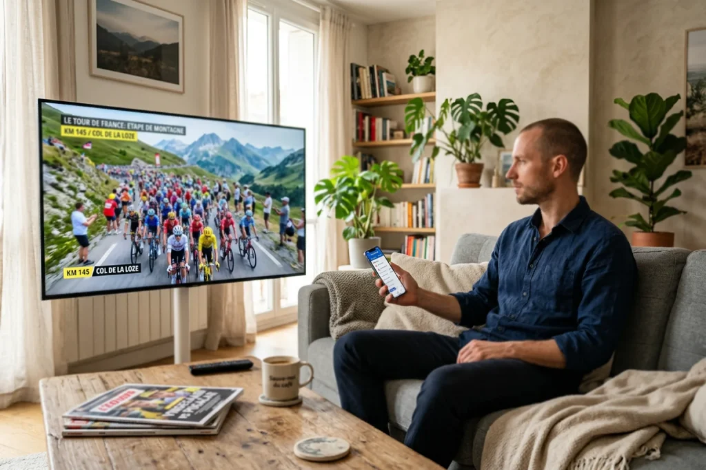 Personne utilisant un smartphone pour suivre une course cycliste diffusée à la télévision