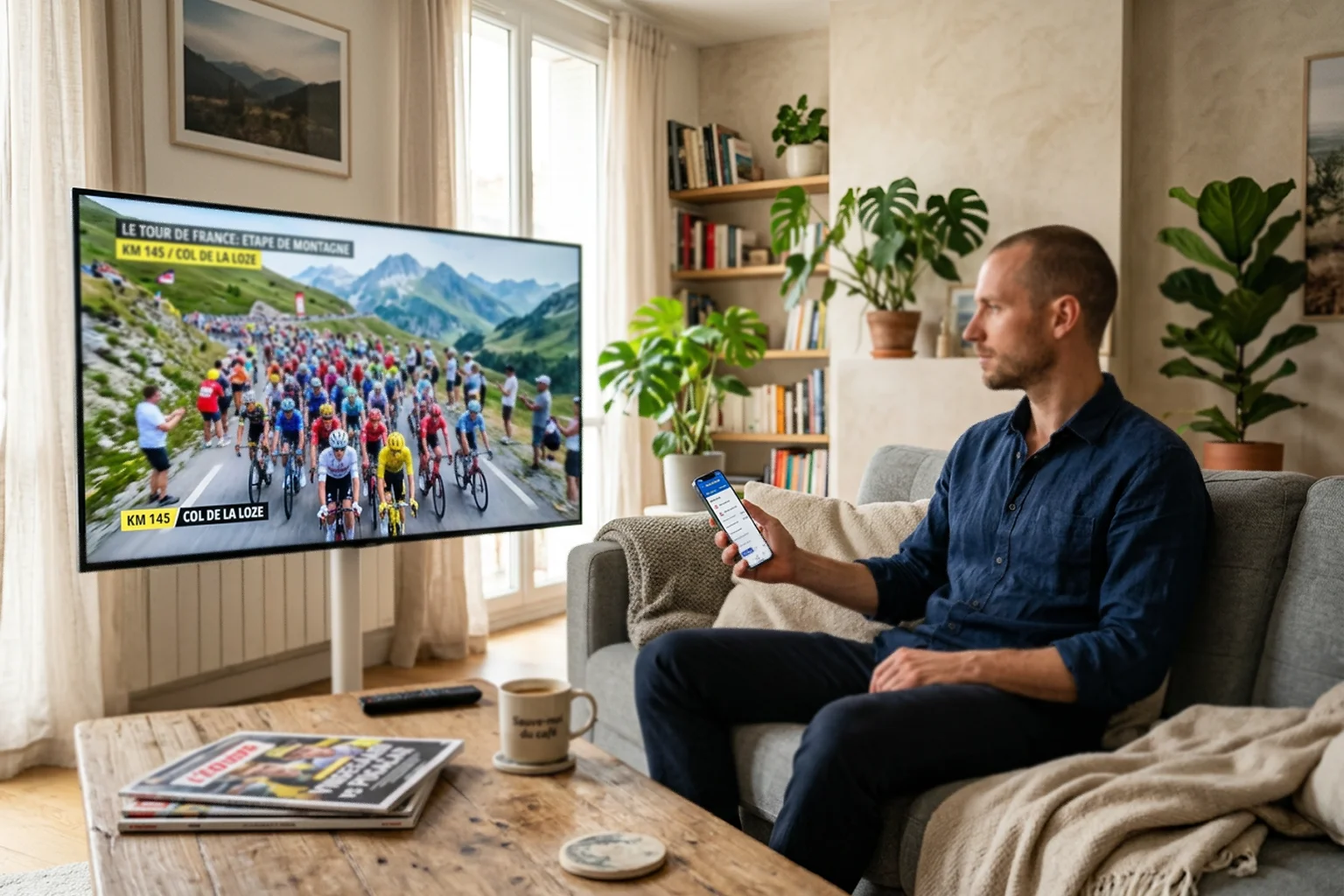 Personne utilisant un smartphone pour suivre une course cycliste diffusée à la télévision