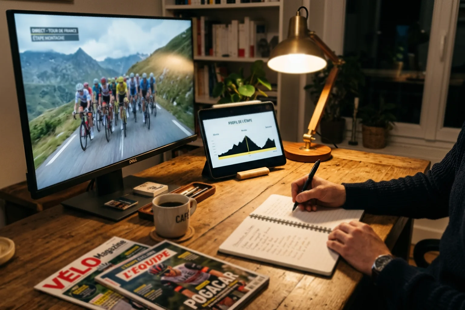 Espace de travail dédié au suivi des classiques cyclistes avec ordinateur, notes et documentation