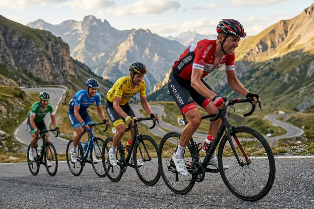 Cyclistes professionnels en plein effort lors d'une ascension montrant les signes de leur condition physique