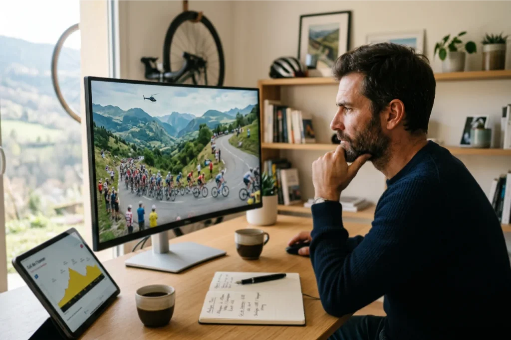 Personne analysant une course cycliste sur écran avec espace de travail professionnel organisé