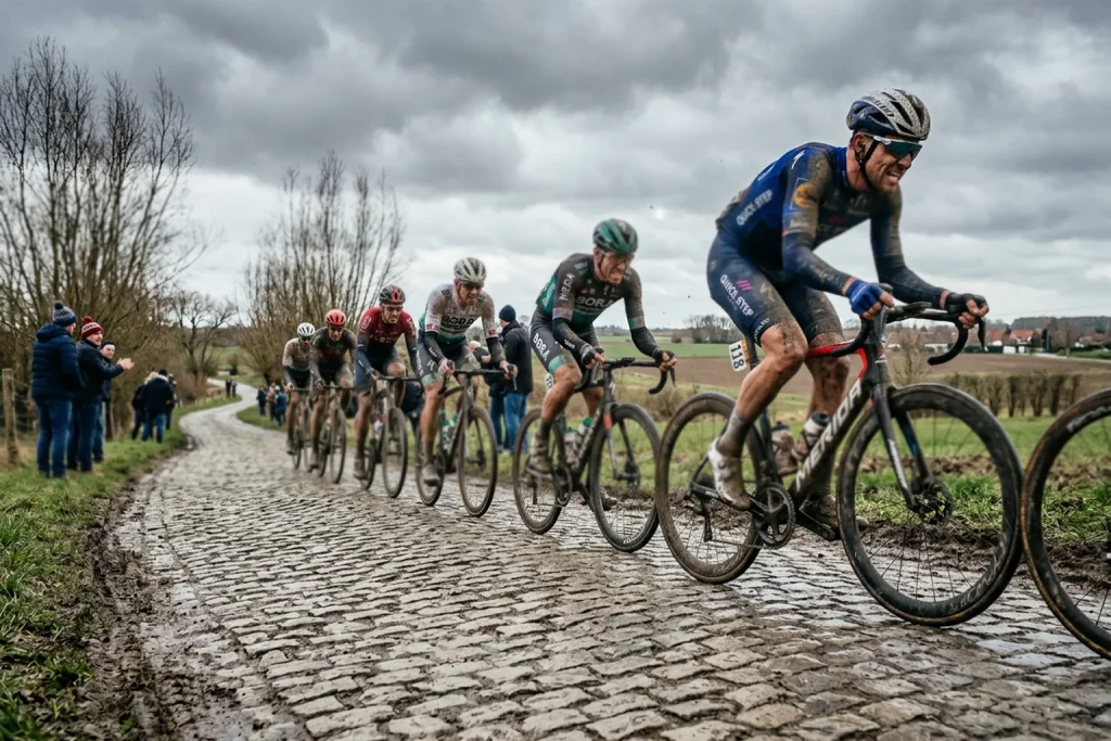 Cyclistes professionnels sur les pavés légendaires d'une classique cycliste dans la poussière et la boue