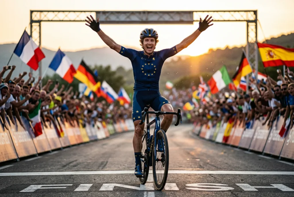 Cycliste professionnel célébrant sa victoire aux Championnats d'Europe avec le maillot bleu aux étoiles dorées