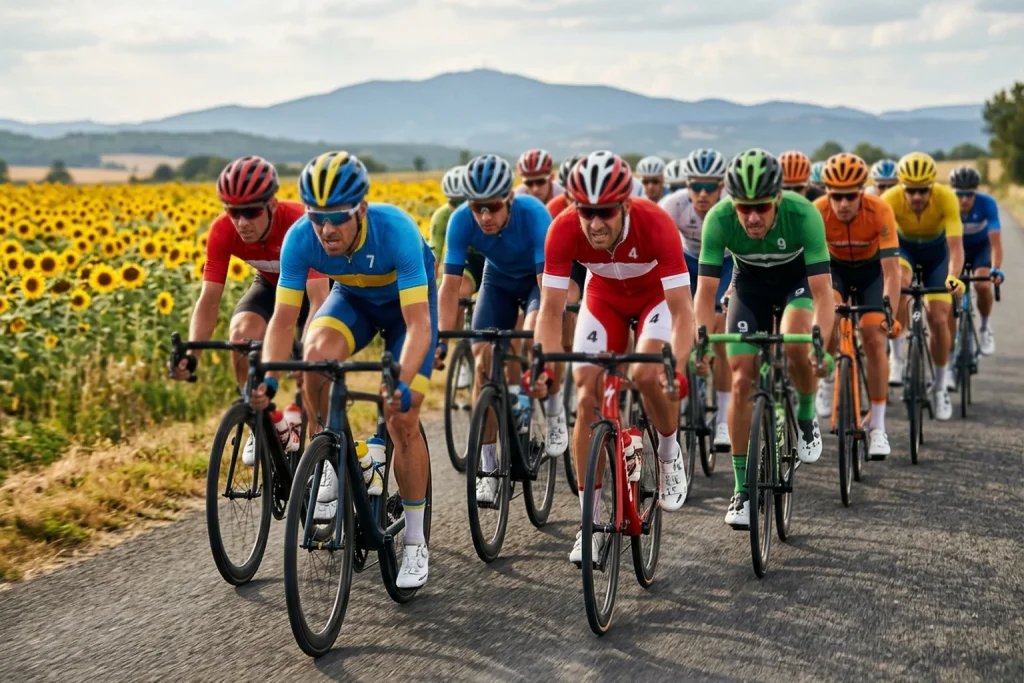 Peloton du Tour de France traversant la campagne française avec les montagnes en arrière-plan