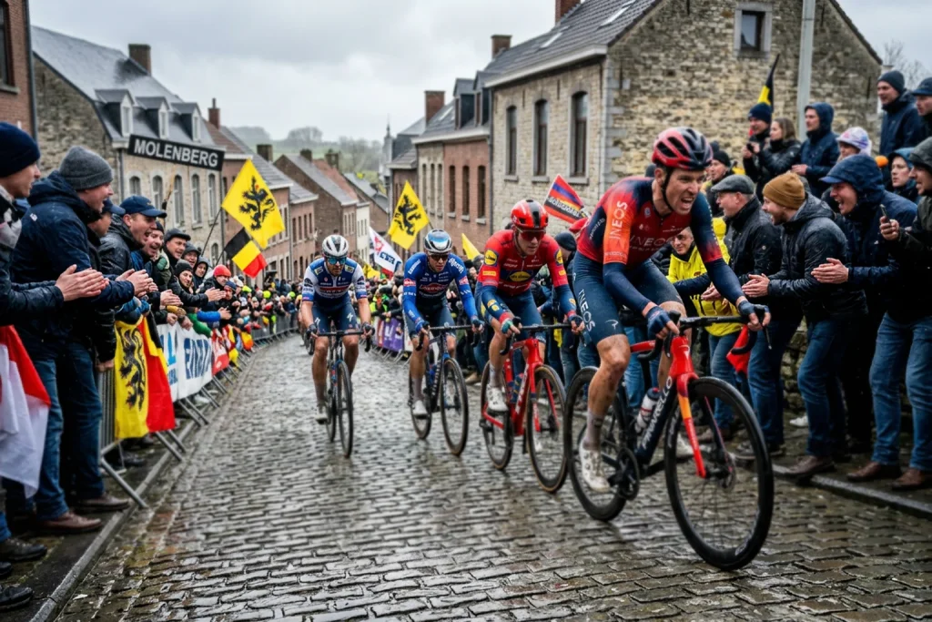 Cyclistes gravissant le mythique Muur lors du Tour des Flandres avec la foule passionnée
