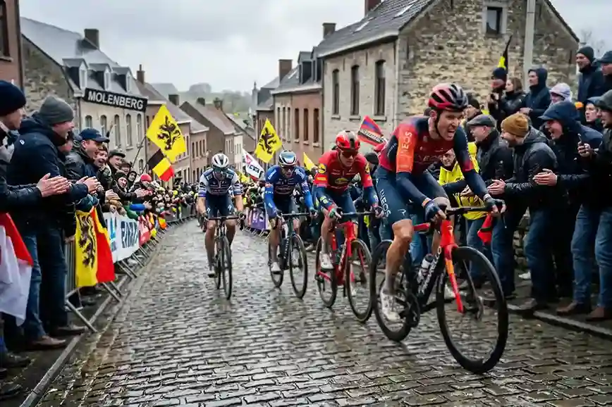 Cyclistes gravissant le mythique Muur lors du Tour des Flandres avec la foule passionnée