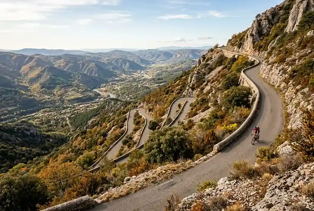 Route de montagne sinueuse en Ardèche avec cycliste gravissant une pente raide sous le soleil d'automne