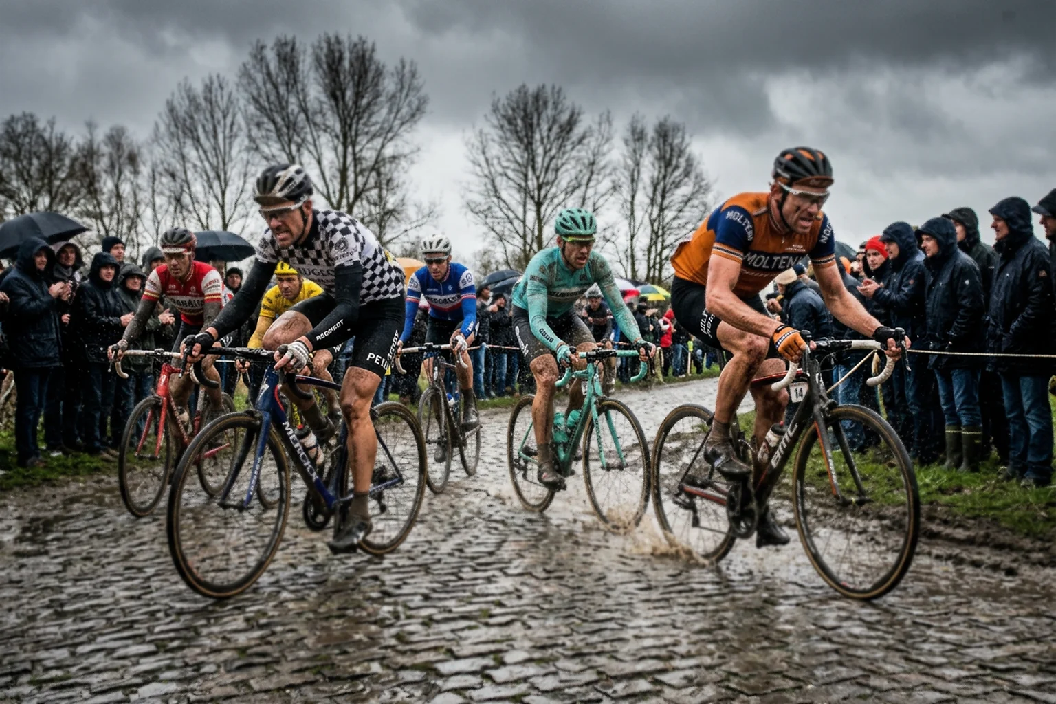 Cyclistes professionnels sur les célèbres pavés de Paris-Roubaix sous ciel nuageux