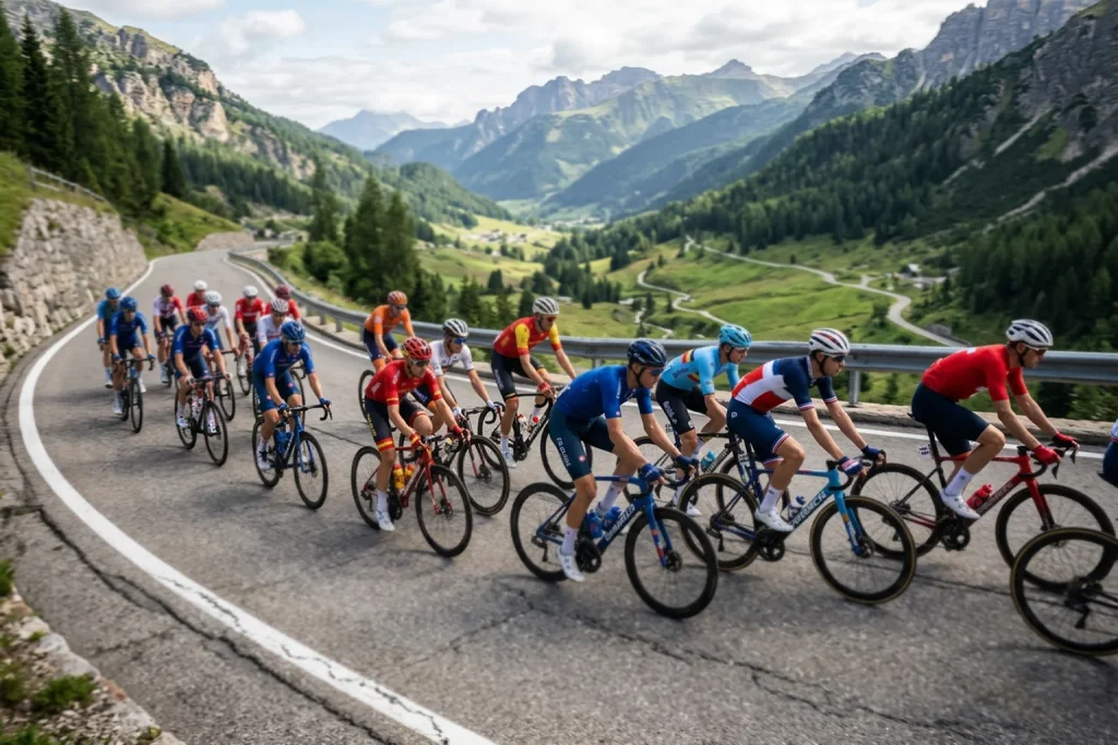 Peloton de cyclistes professionnels en maillots nationaux européens sur une route de montagne