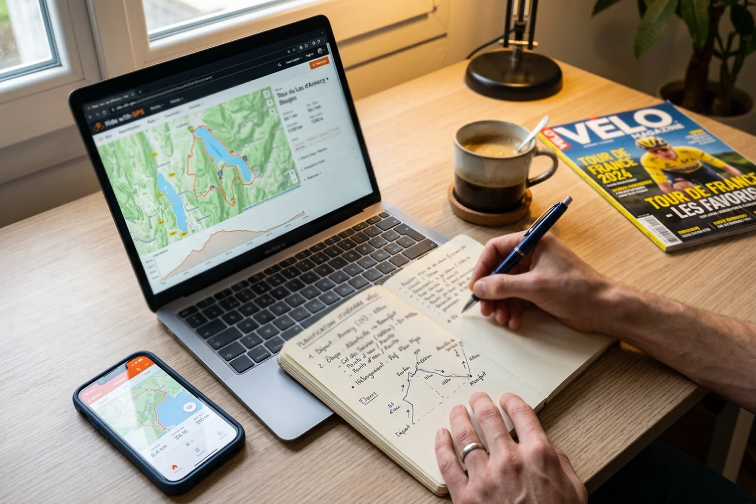 Personne planifiant la saison cycliste à un bureau avec carnet et ordinateur