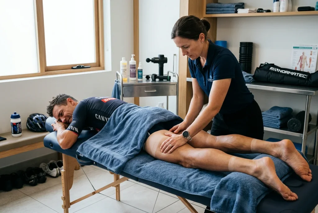 Cycliste professionnel en séance de récupération et soins avec un kinésithérapeute sportif