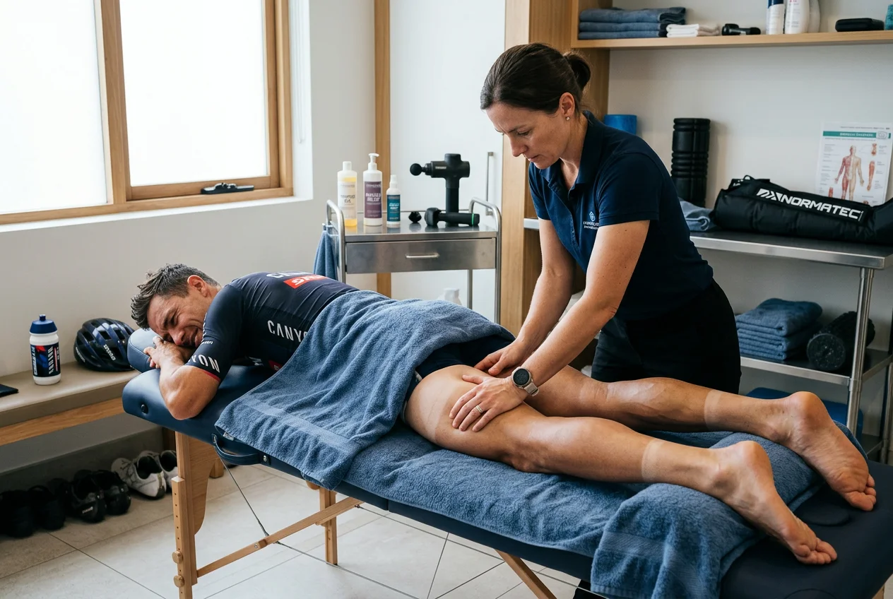 Cycliste professionnel en séance de récupération et soins avec un kinésithérapeute sportif