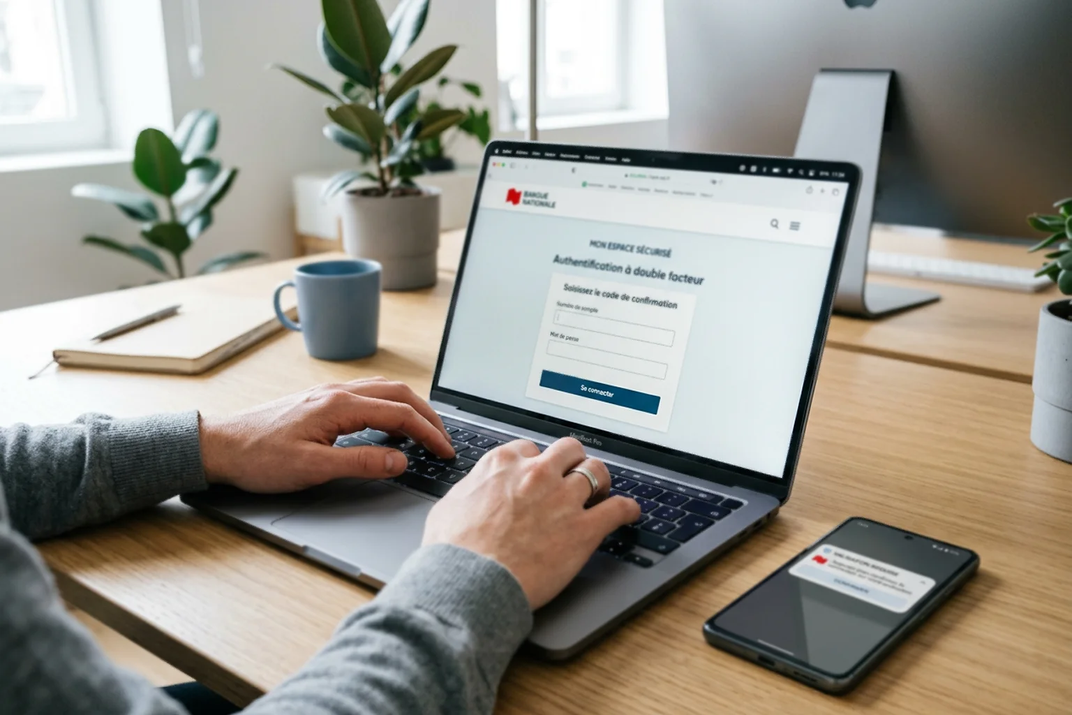 Mains tapant sur un ordinateur portable avec indicateurs de sécurité et environnement professionnel