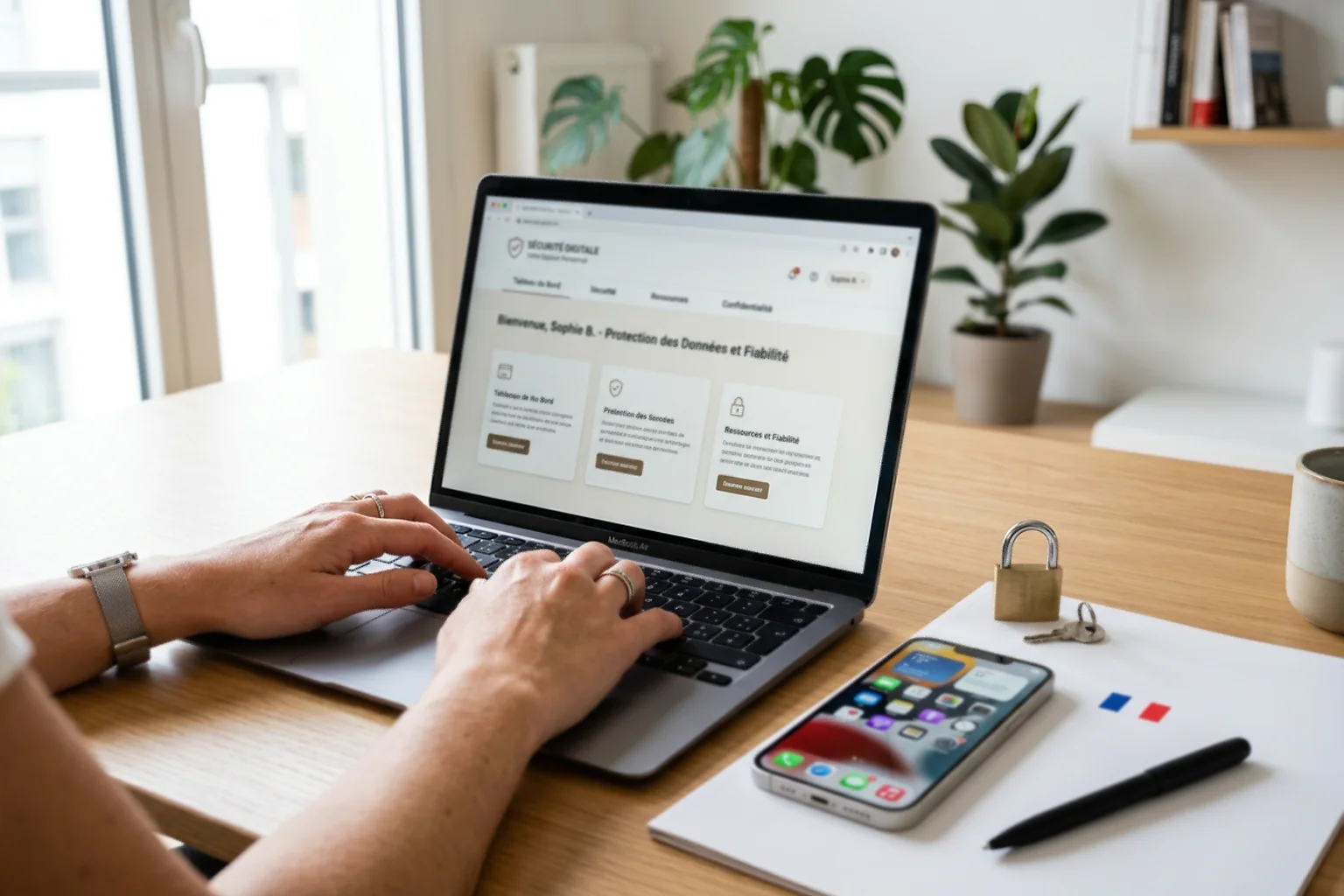 Espace de travail sécurisé avec ordinateur portable et éléments français symbolisant la réglementation