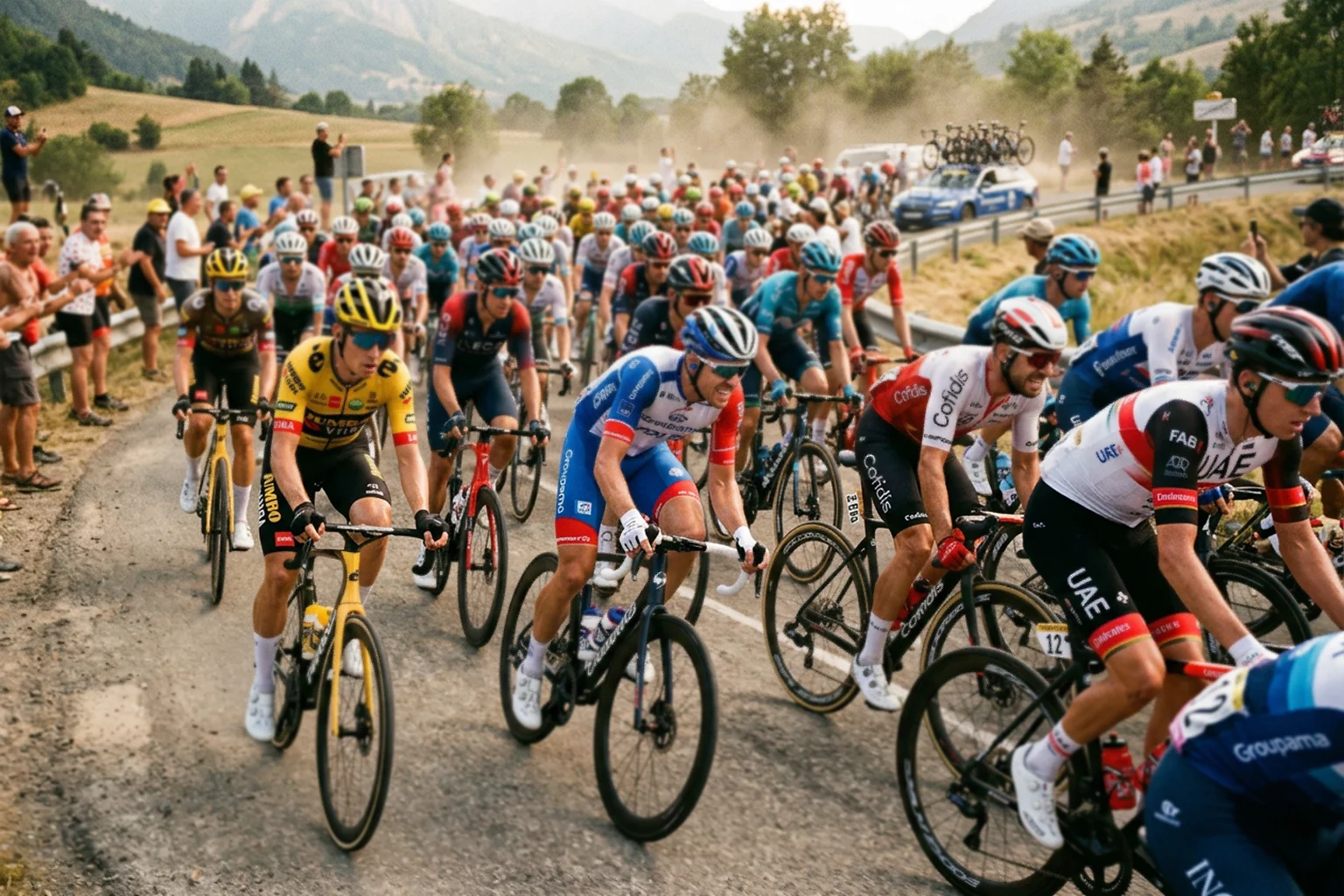 Dynamique du peloton montrant les positions tactiques et les expressions révélatrices des coureurs