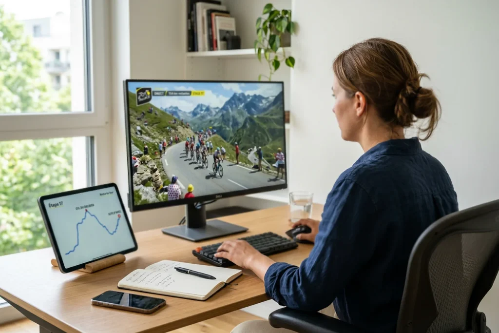 Personne suivant le Tour de France en direct sur plusieurs écrans dans un bureau à domicile
