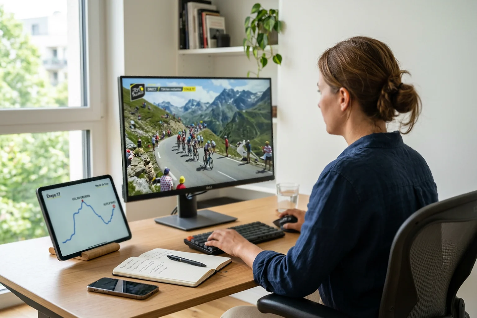 Personne suivant le Tour de France en direct sur plusieurs écrans dans un bureau à domicile