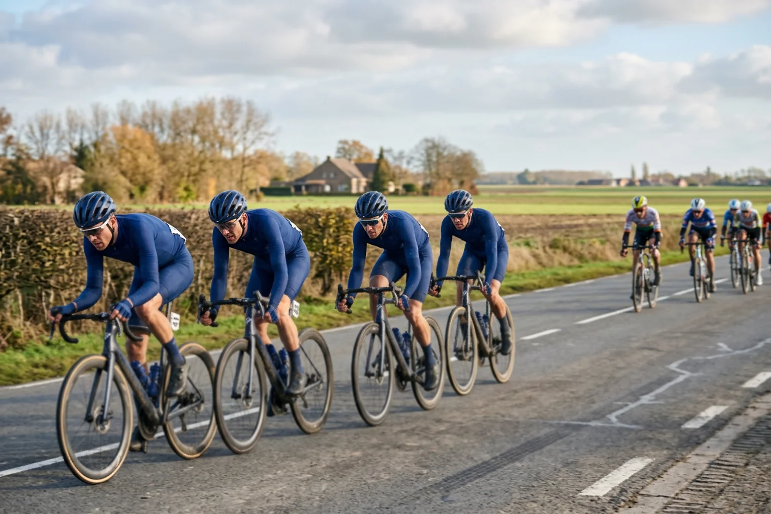 Équipe cycliste professionnelle en formation tactique protégeant leur leader sur une route des Flandres