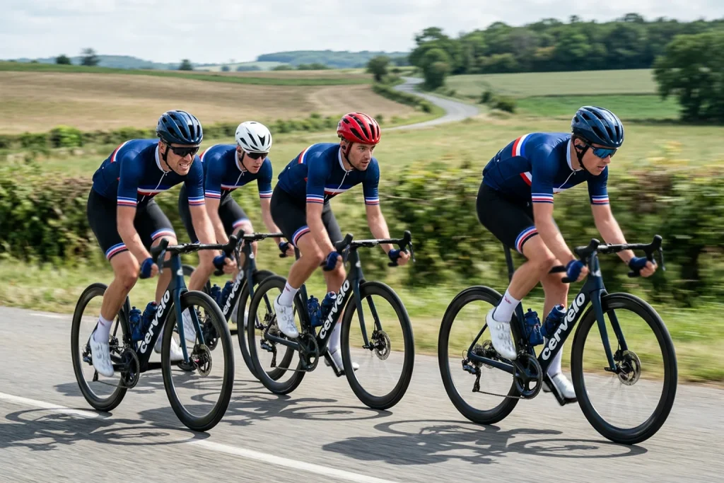 Équipe nationale de cyclisme en formation tactique protégeant leur leader pendant une course