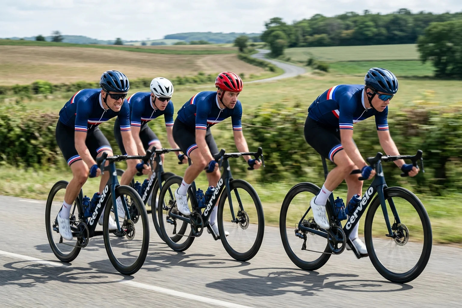 Équipe nationale de cyclisme en formation tactique protégeant leur leader pendant une course