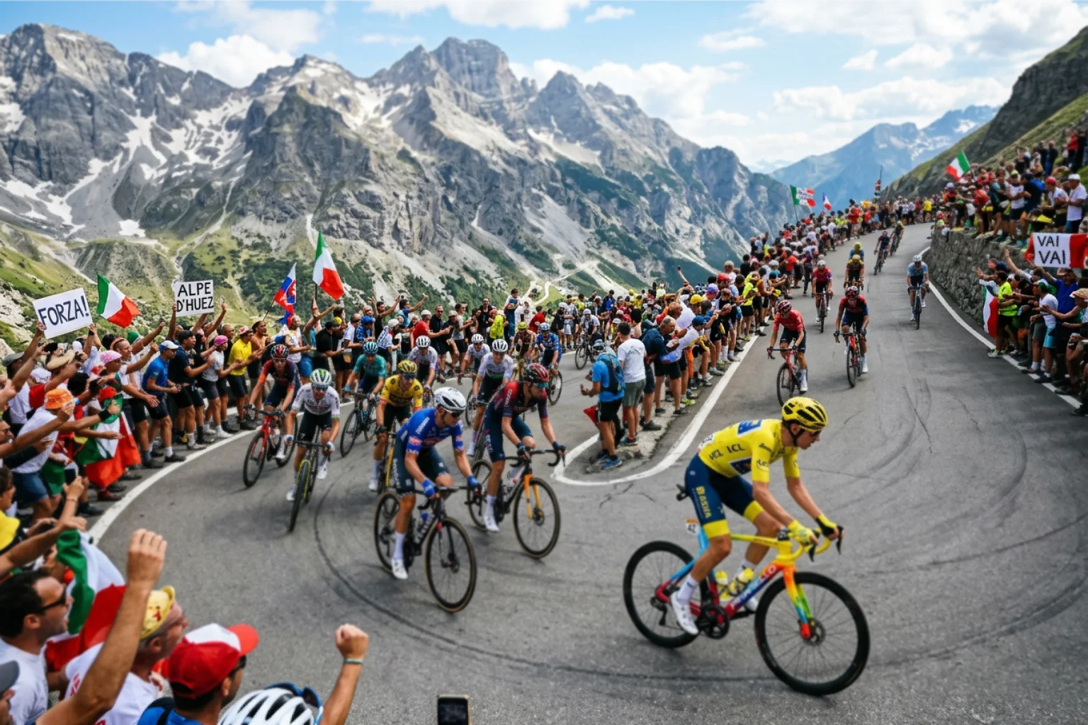 Étape de montagne du Tour de France avec foule de spectateurs et coureurs dans les lacets alpins